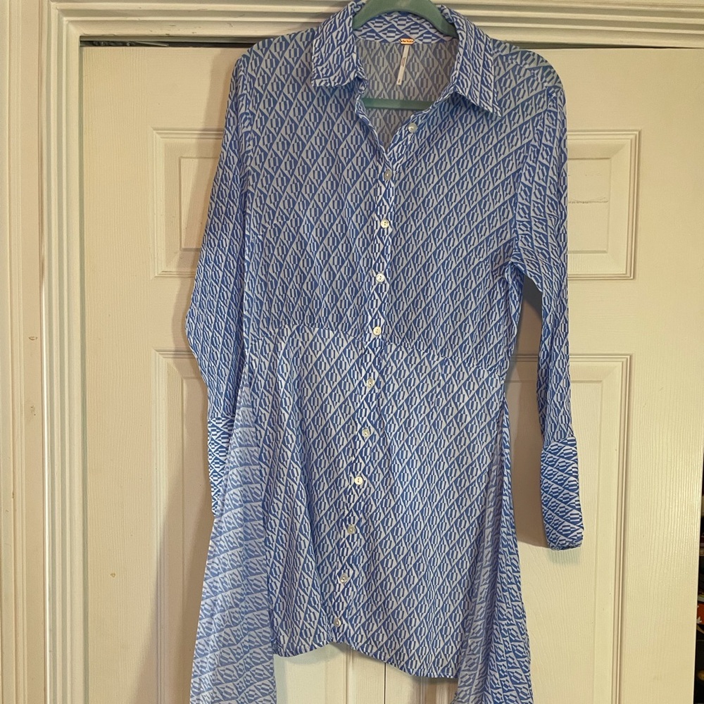 Free People Rillo Blue Beach Summer Shirtdress Buttondown Tie Long Sleeve Small